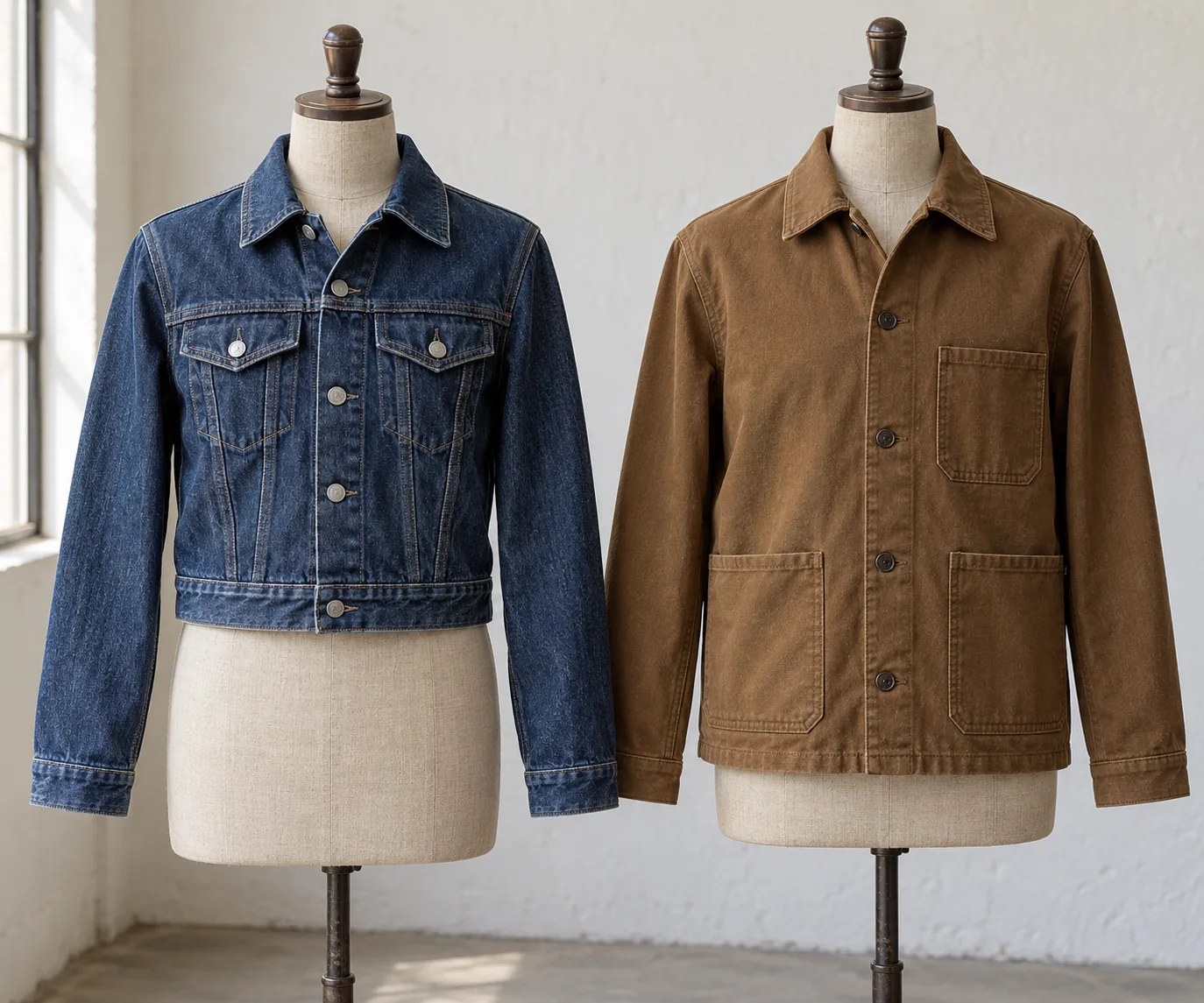 Photorealistic garment documentary photograph of two finished unbranded streetwear jackets on adjacent dress forms in a