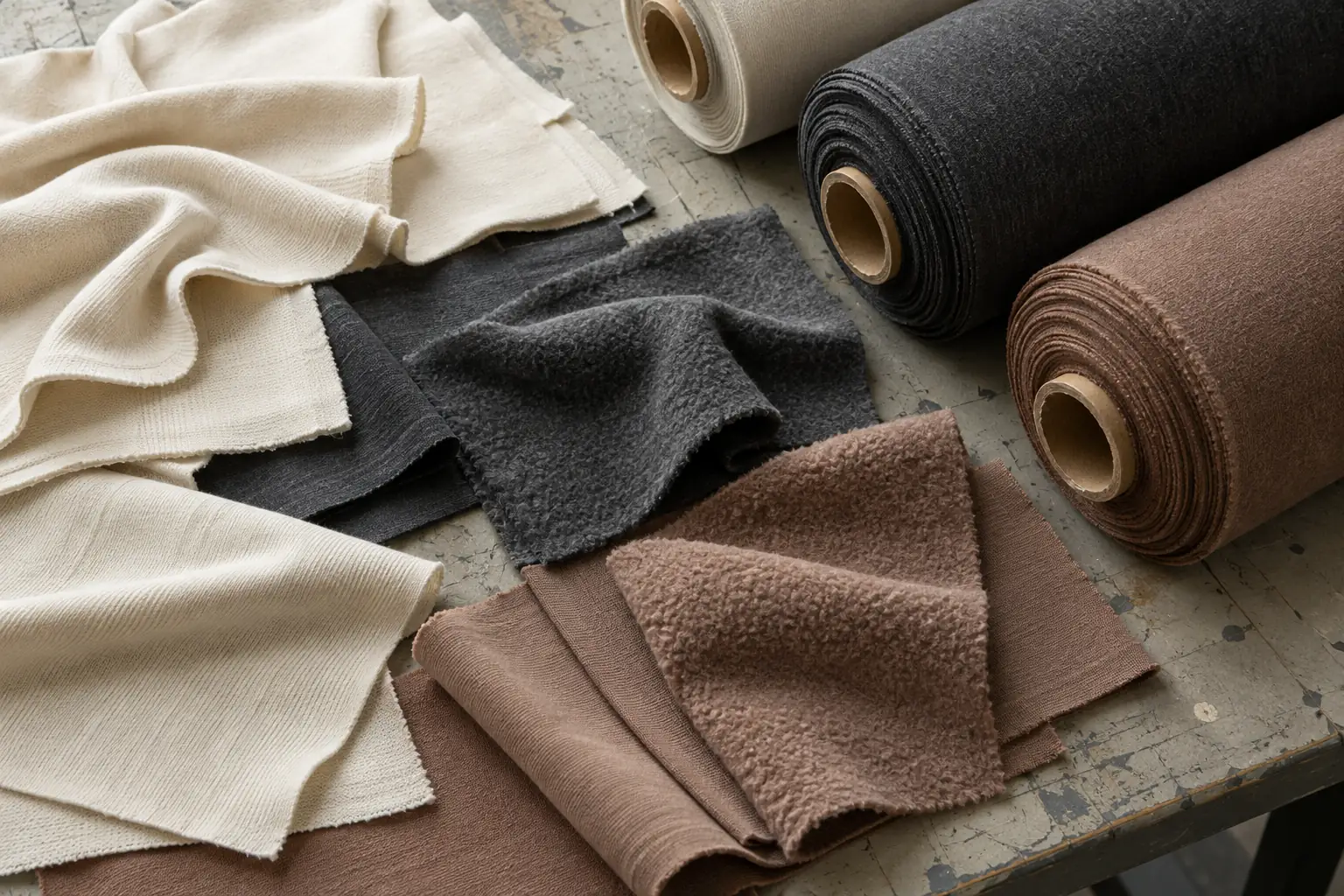 Different jersey and fleece color swatches arranged beside separate fabric rolls