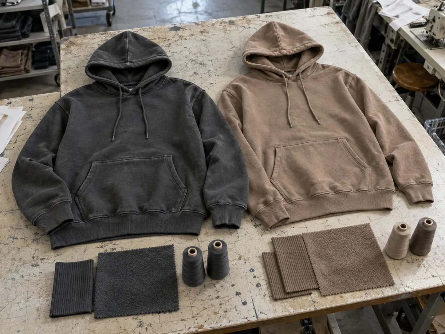 Charcoal and clay hoodie samples with matching rib and thread options on a sampling table