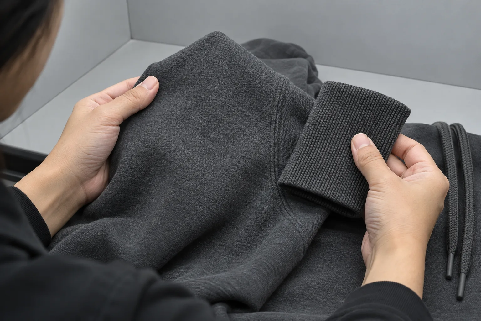 Quality inspector comparing a hoodie body, rib cuff, and drawcord under a controlled inspection light