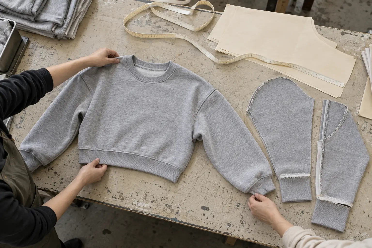 Unbranded sweatshirt and construction samples arranged on a sampling table