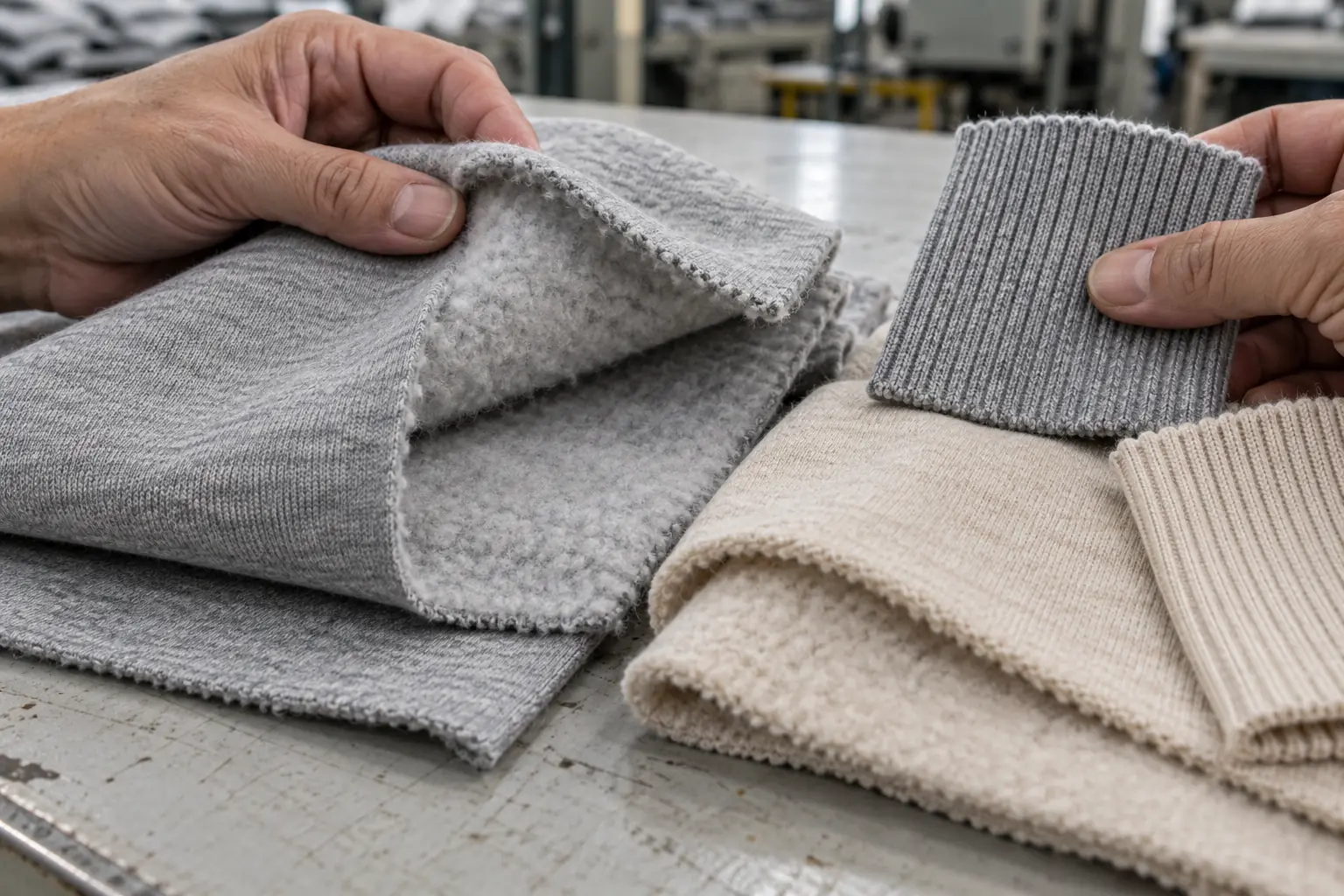 Close view of fleece swatches and rib fabric being compared by hand