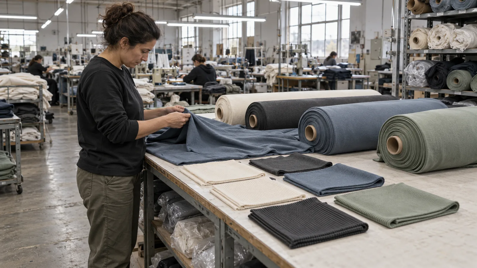 Fabric rolls and coordinated rib swatches on a factory inspection counter