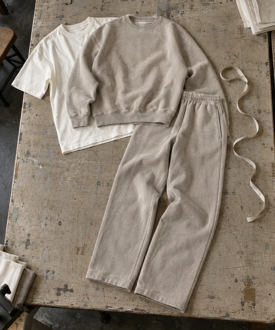Coordinated neutral basics arranged as a compact first collection on a sampling table