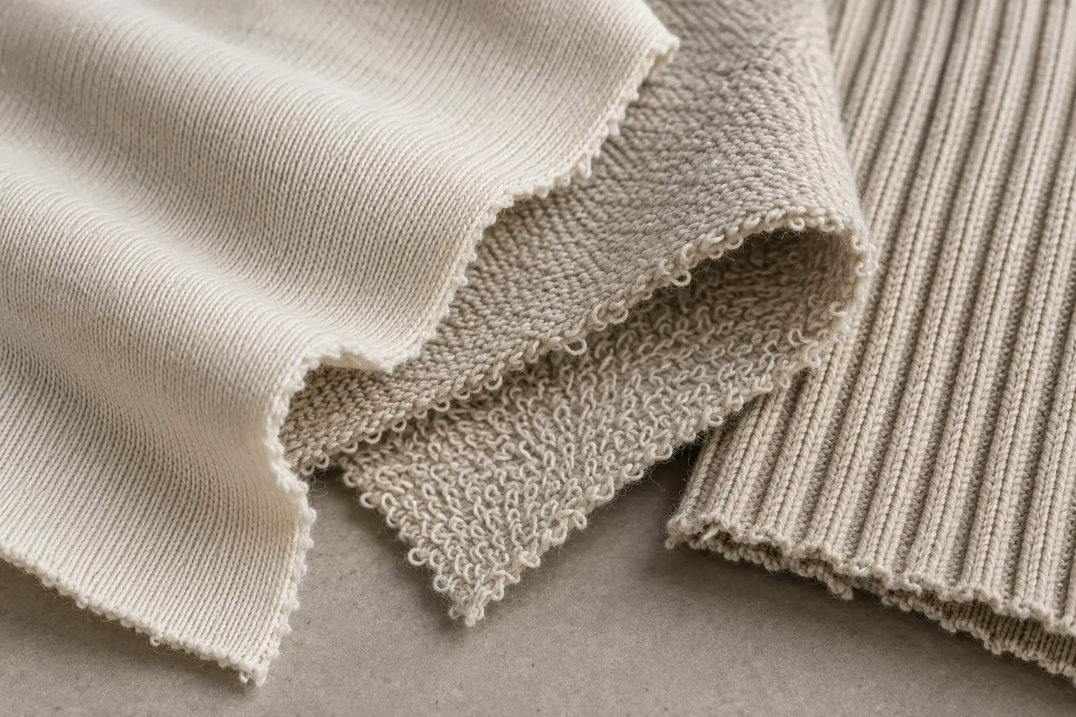 Cotton jersey and fleece swatches grouped by construction and neutral shade