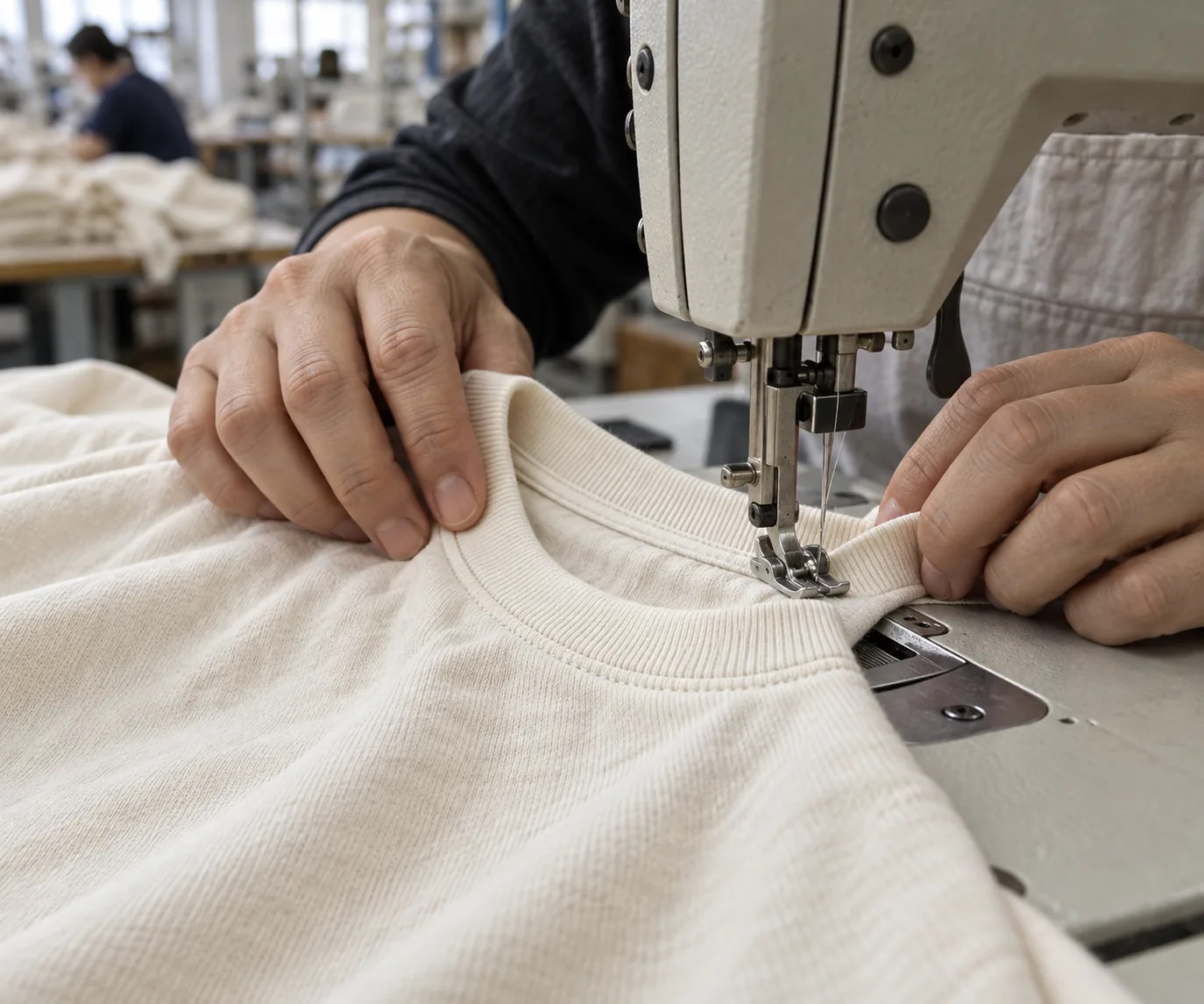 Operator sewing a clean neckline on a heavyweight cotton tee
