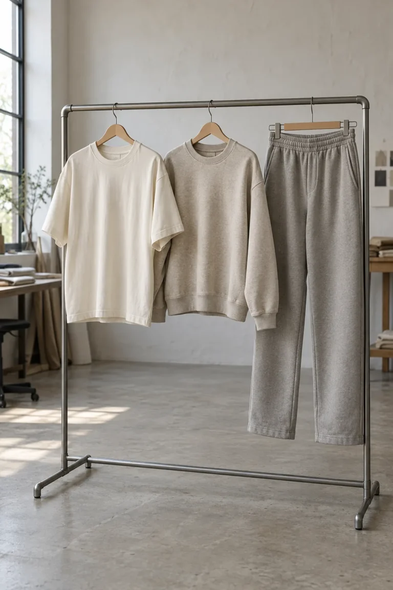 Photorealistic apparel documentary photograph of a finished heavyweight neutral cotton tee, crewneck sweatshirt and stra