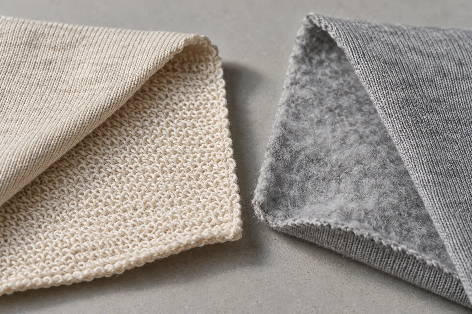 Looped French terry and brushed fleece reverse surfaces beside matching fabric faces