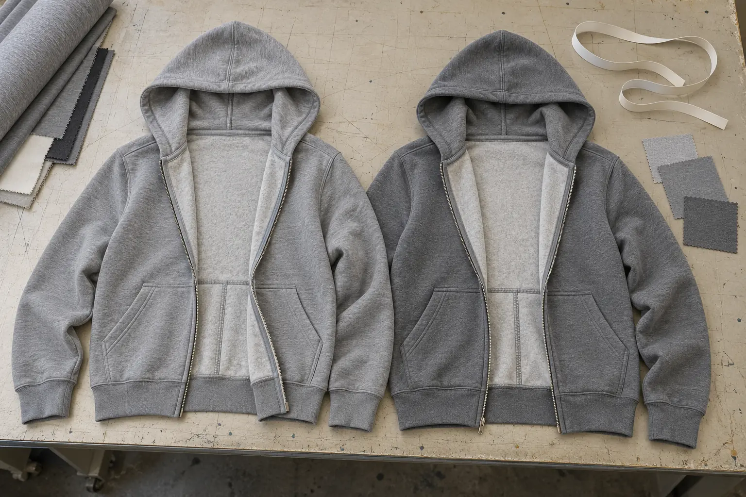 Two zip hoodie development samples laid flat with their interior fabrics exposed