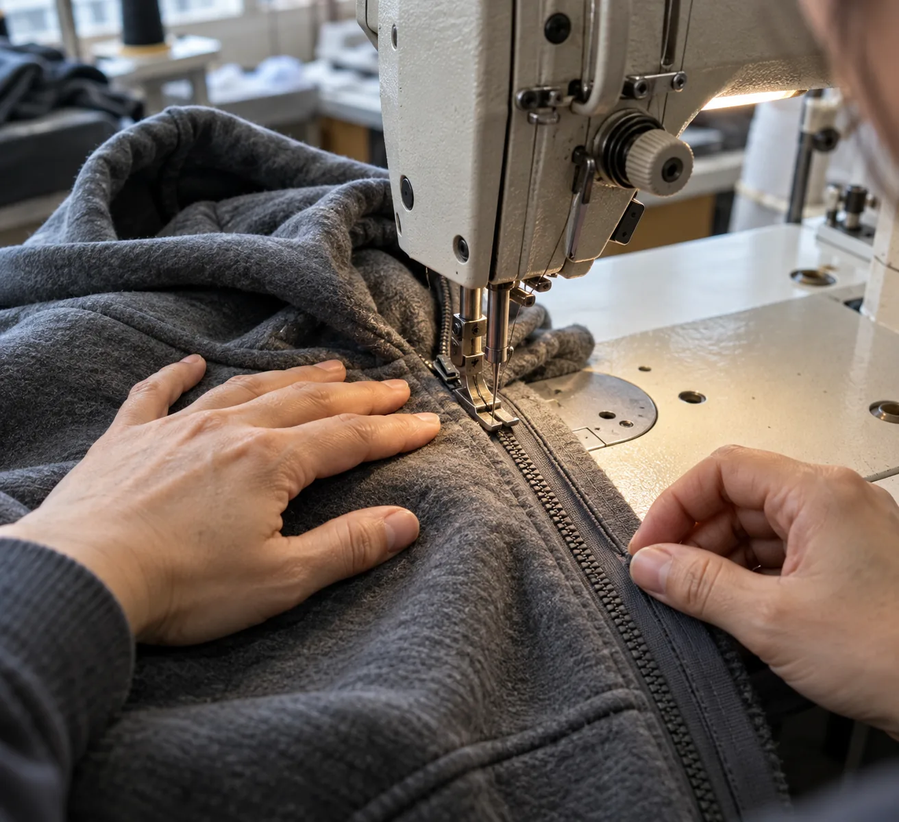 Sewing operator guiding a zipper tape along a knitted hoodie front