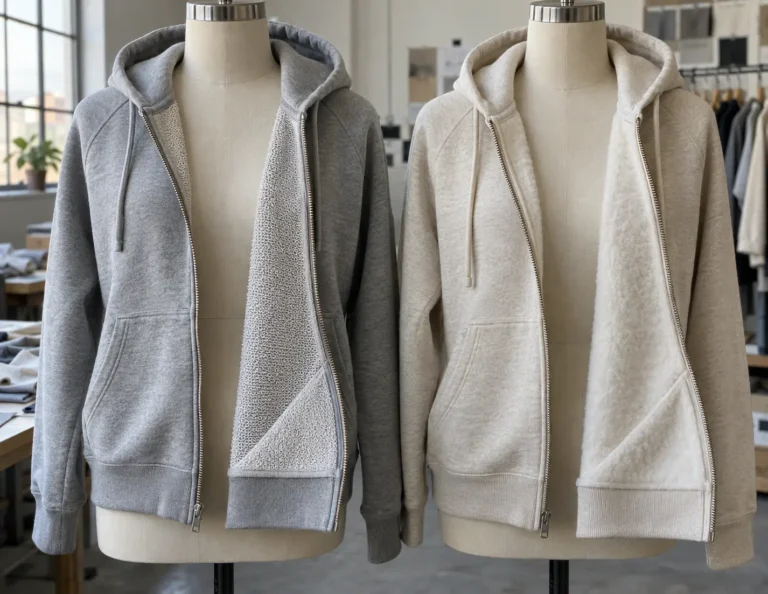 Photorealistic apparel development studio documentary photograph of two unbranded zip hoodies on adjacent dress forms, o
