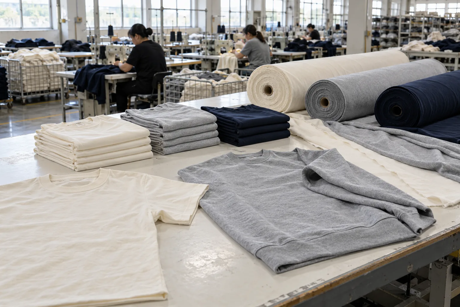 Finished casualwear garments beside fabric rolls on a factory review table