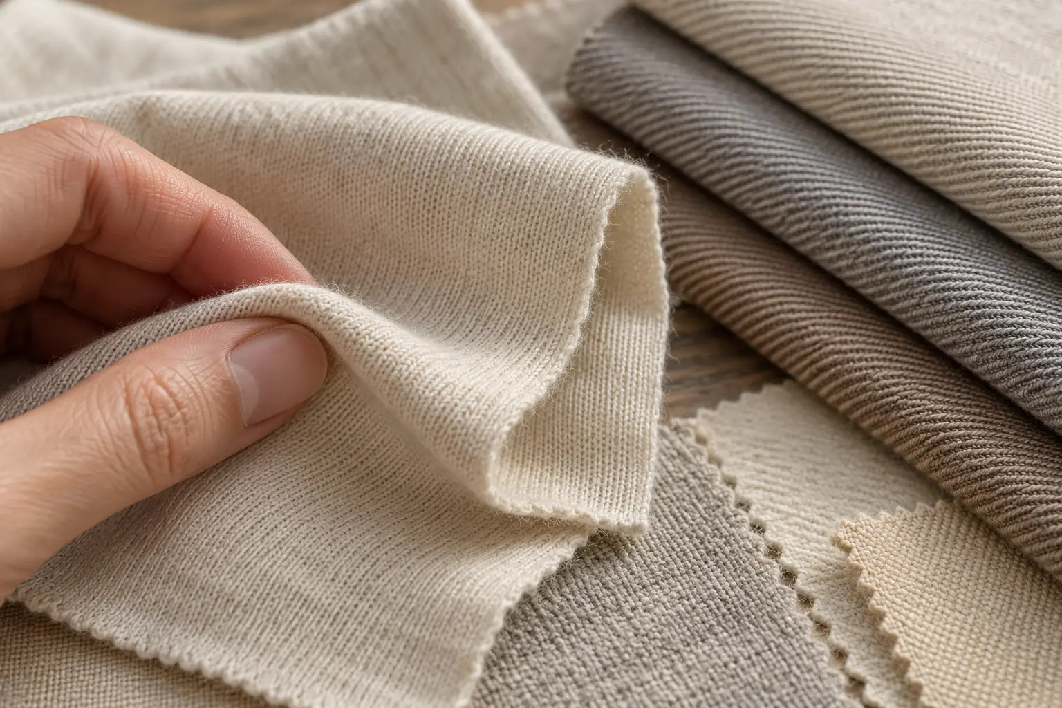 Cotton jersey and twill swatches arranged for a material comparison