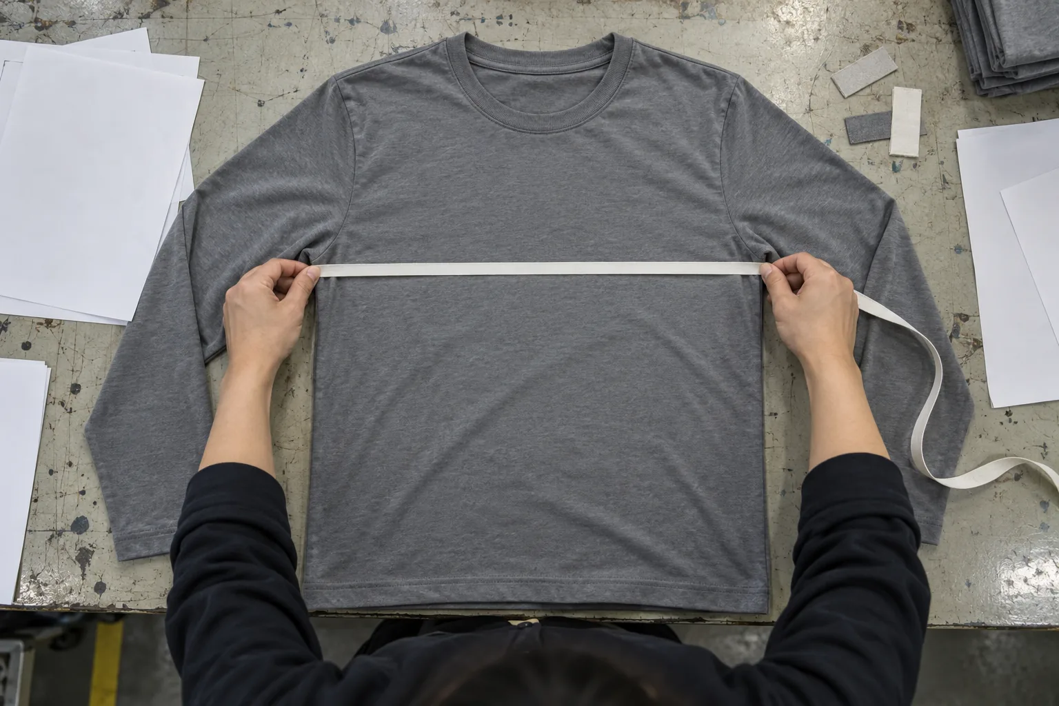 Sample tee, measuring tape, trim samples, and blank comparison sheets on a development table