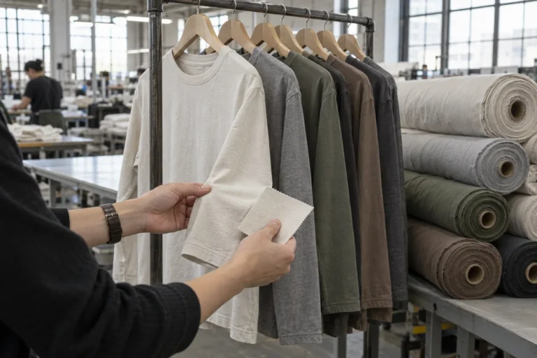 Photorealistic documentary photograph inside an apparel finishing area, plain finished cotton long-sleeve tees on a rail