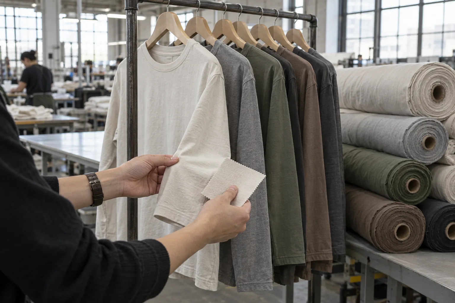 Photorealistic documentary photograph inside an apparel finishing area, plain finished cotton long-sleeve tees on a rail
