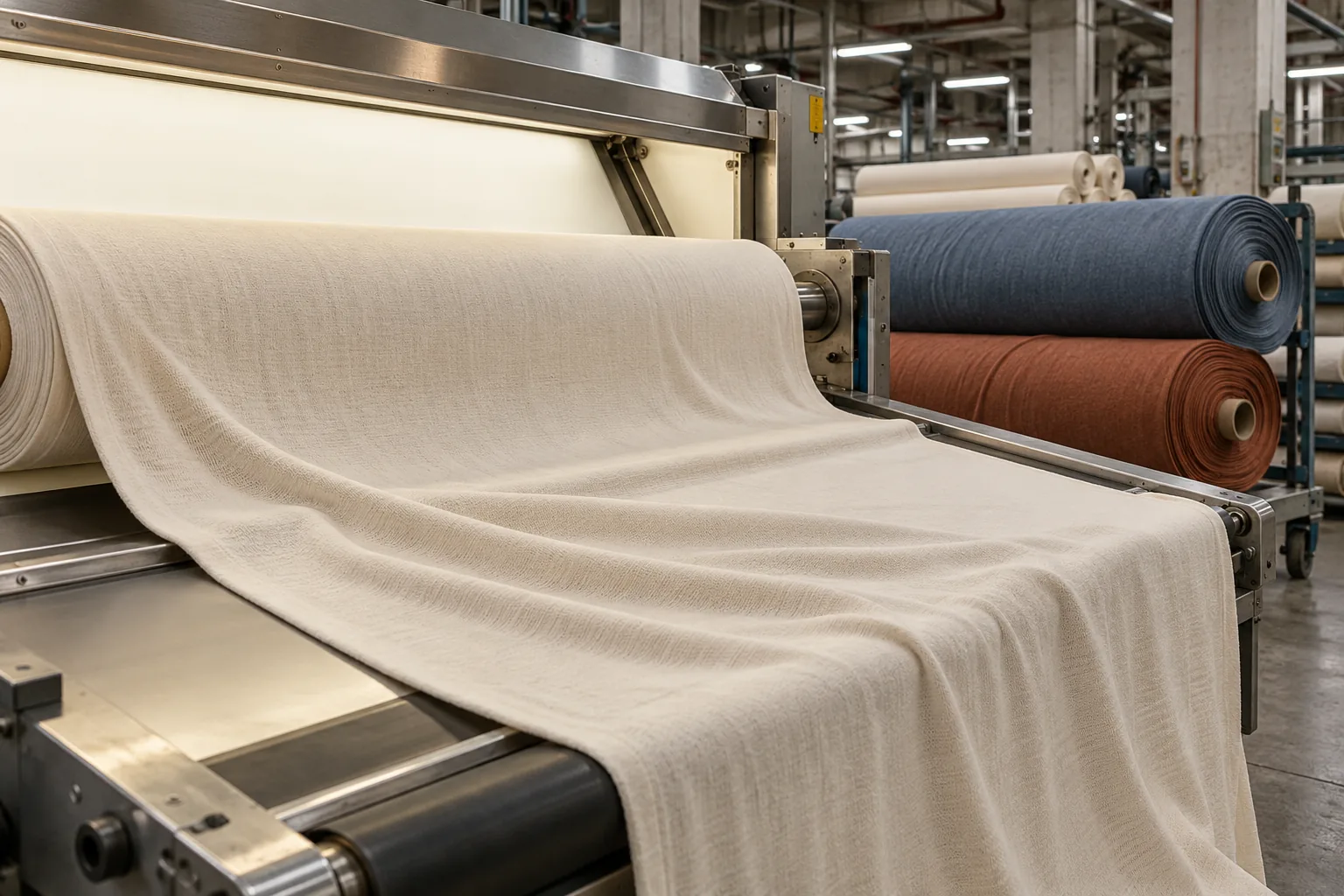 Cotton jersey rolls in several shades beside fabric inspection equipment