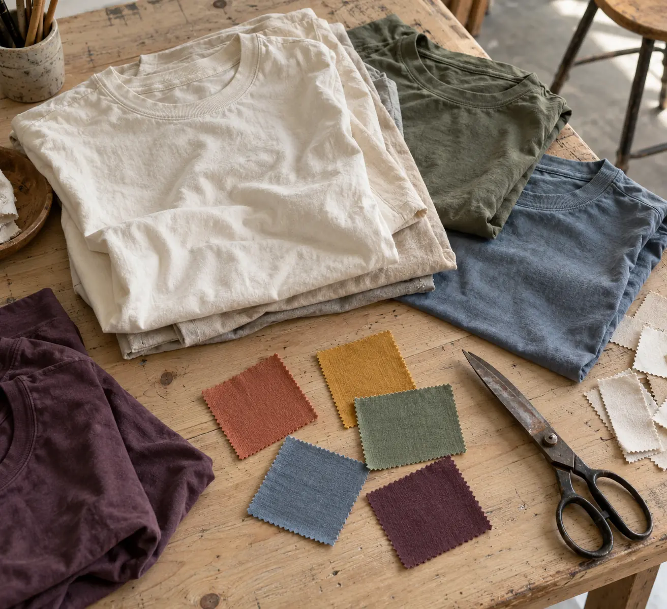 Sampling table with cotton tee samples and multiple color swatches