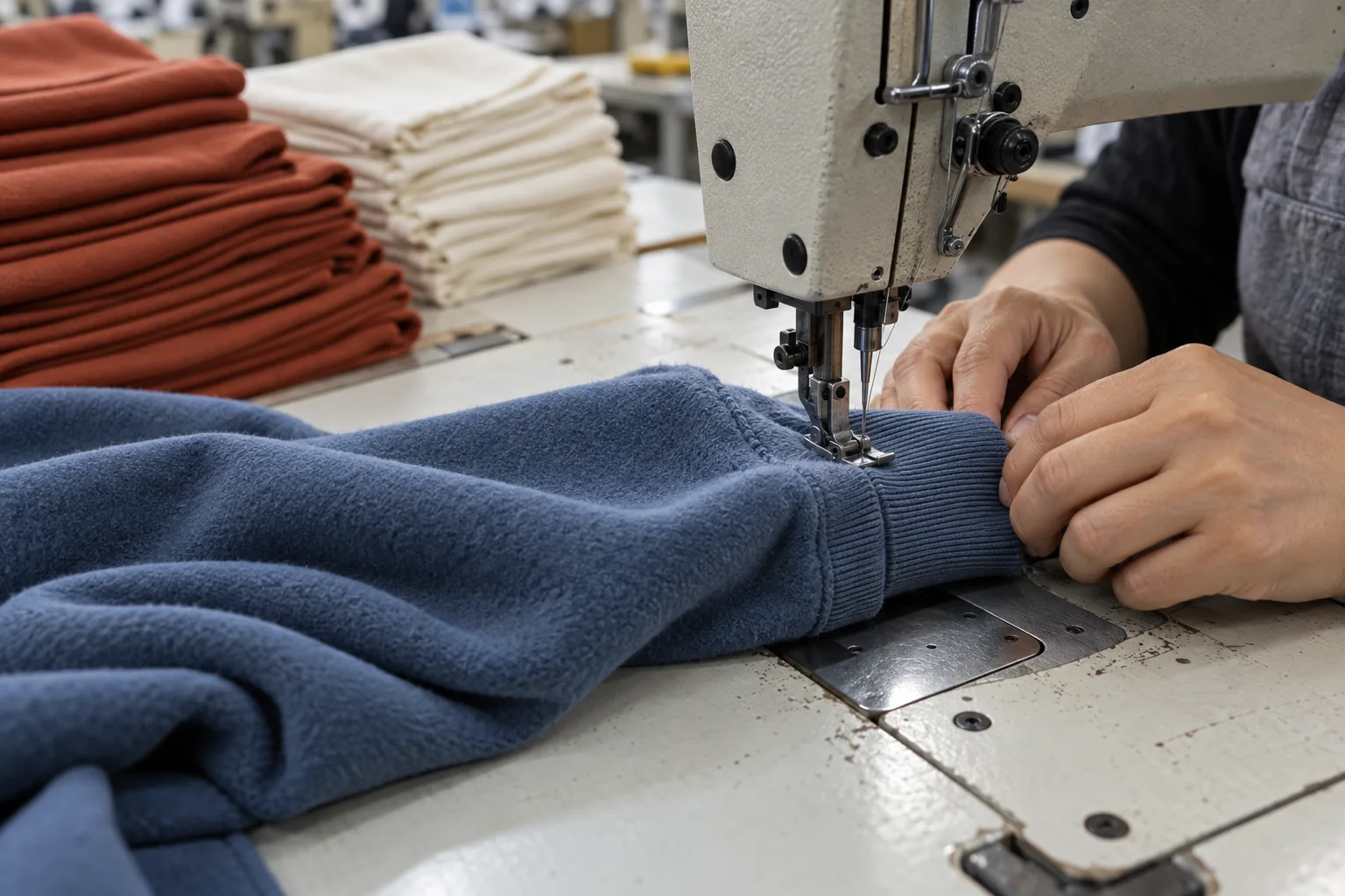 Sewing station with fleece panels and coordinated rib cuffs in separate color groups