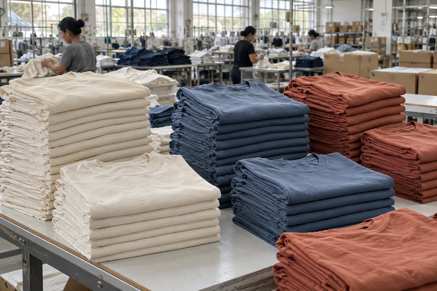 Photorealistic apparel factory documentary photograph of finished cotton tees in cream, slate blue, and rust arranged in