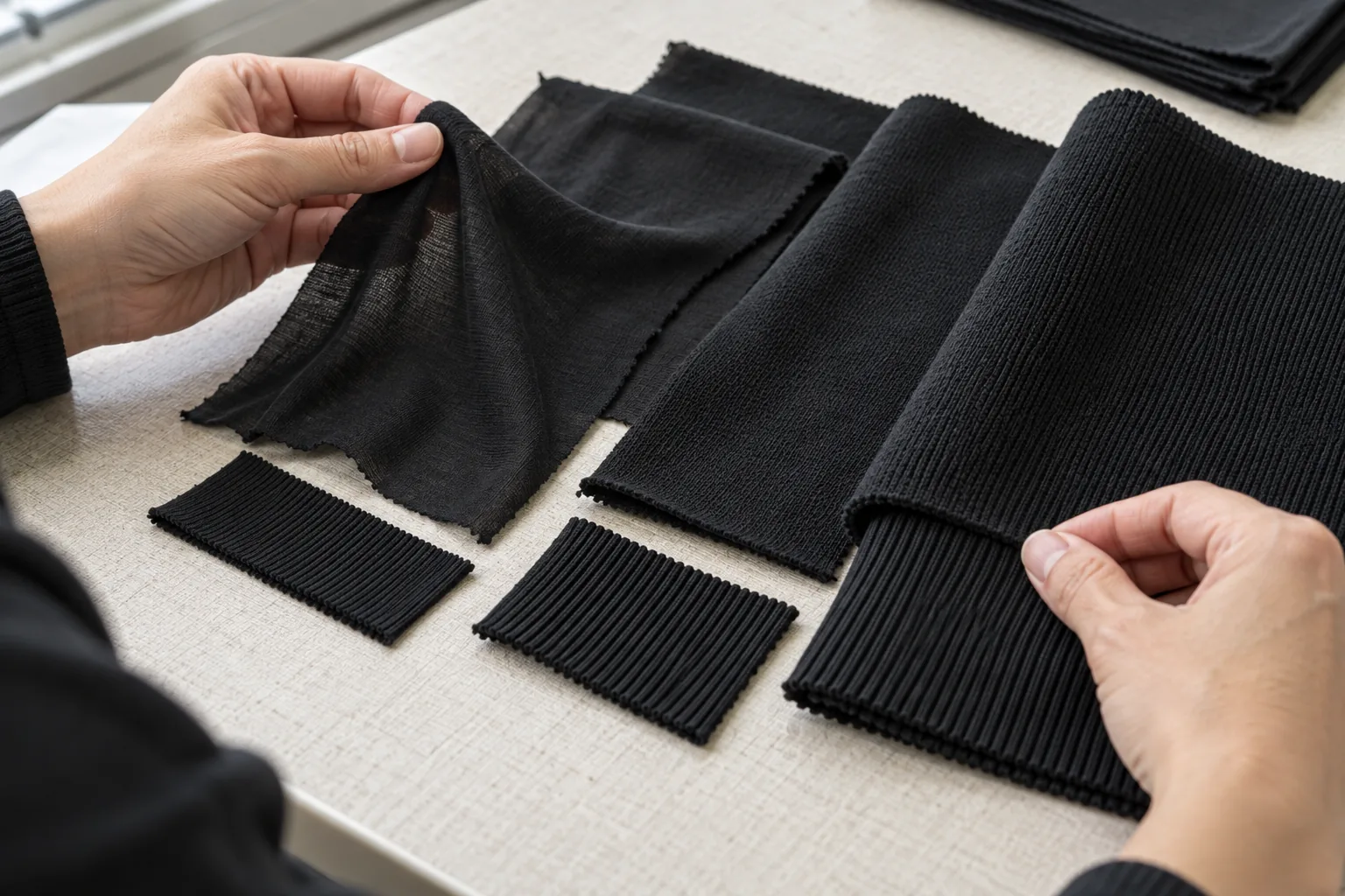 Cotton fabric swatches examined beside a rib trim sample