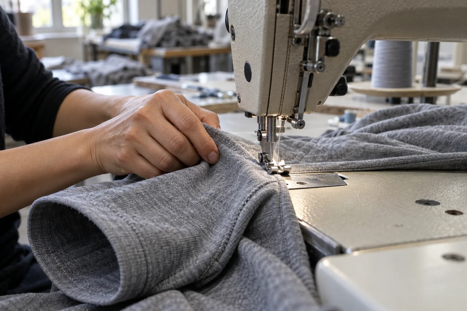 Sewing operator constructing a garment sleeve at an industrial machine