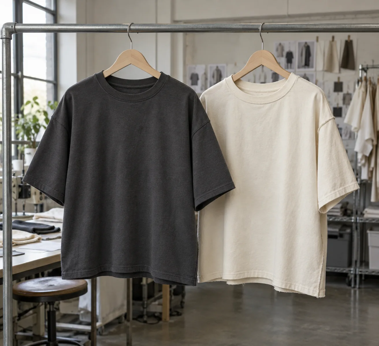 Photorealistic apparel factory documentary photograph of a finished boxy charcoal jersey top hanging beside its earlier