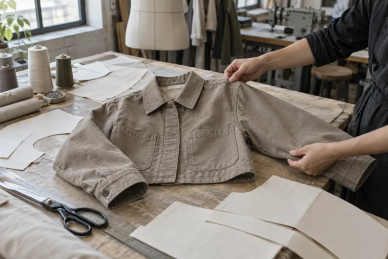 Photorealistic apparel development documentary photograph of an unbranded cropped cotton work jacket prototype on a samp