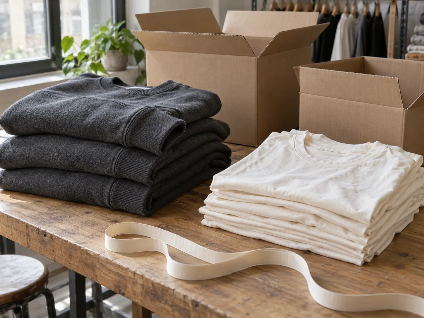 Folded heavyweight sweatshirts and lightweight tees beside shipping cartons