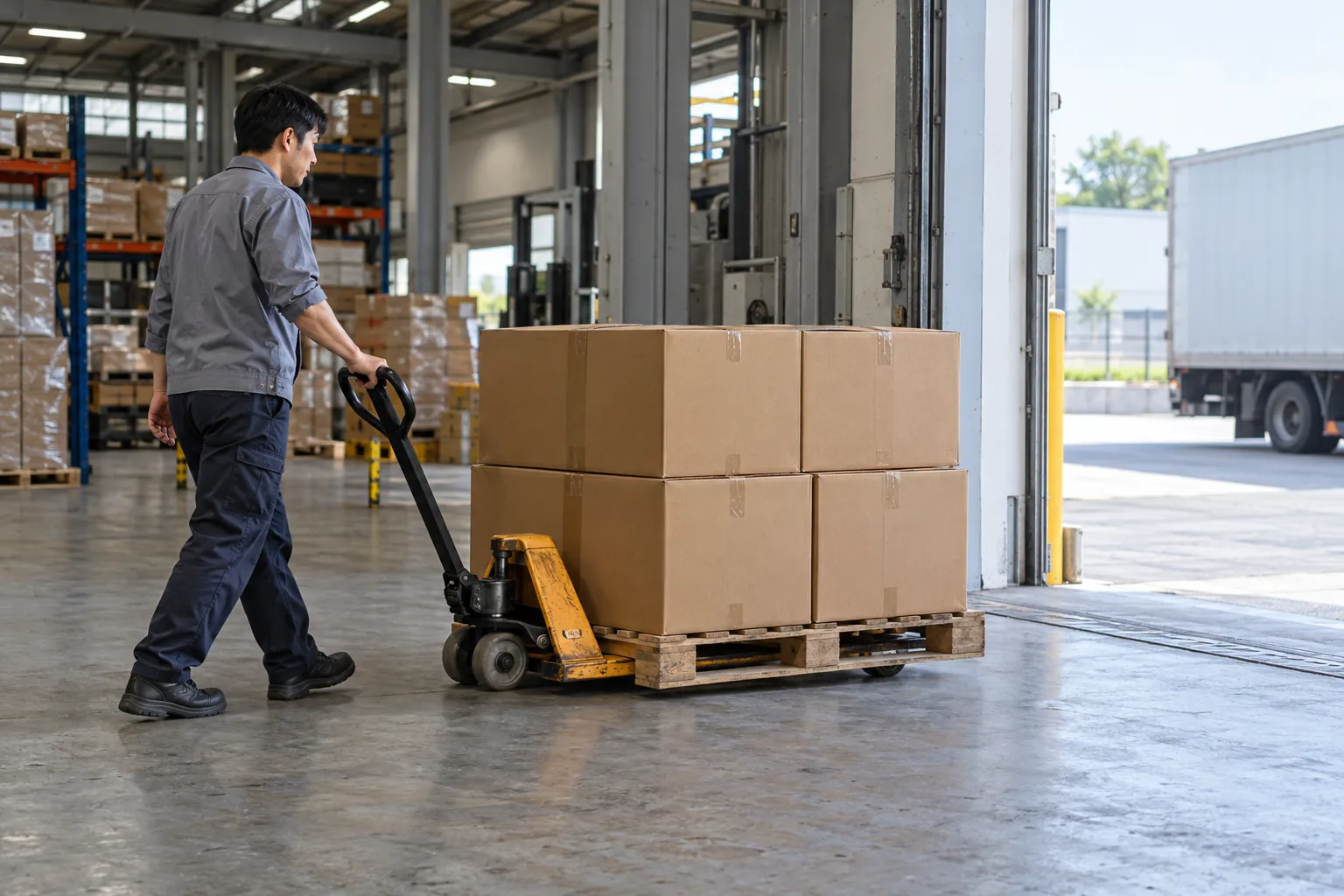 Packed garment cartons staged inside a factory dispatch area