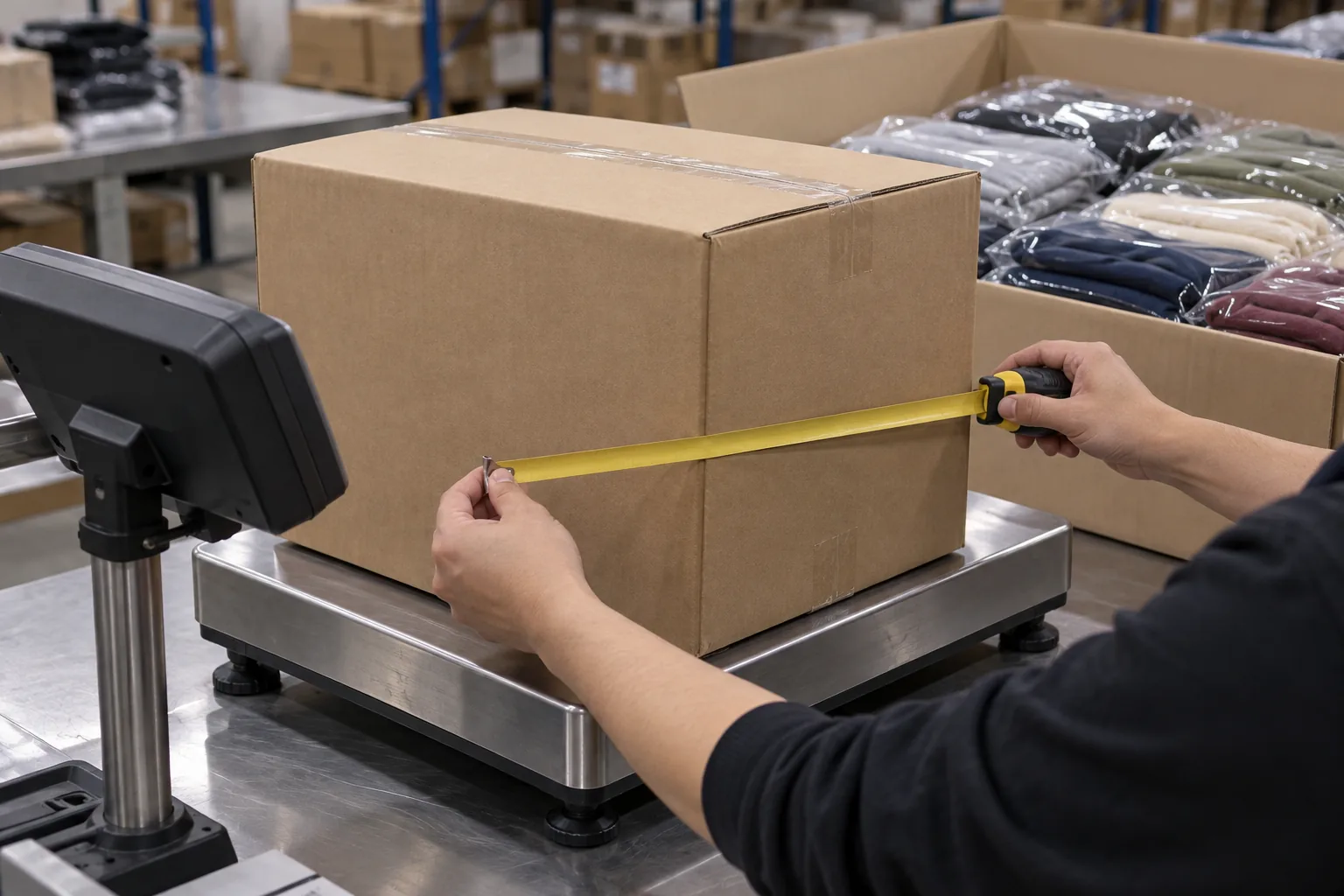 Worker measuring an apparel shipping carton on a warehouse scale