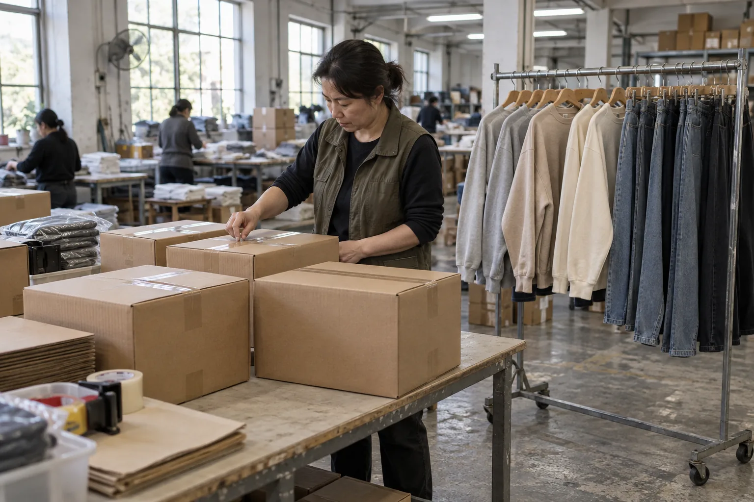 Photorealistic apparel factory documentary photograph of a dispatch supervisor checking a small batch of sealed plain sh