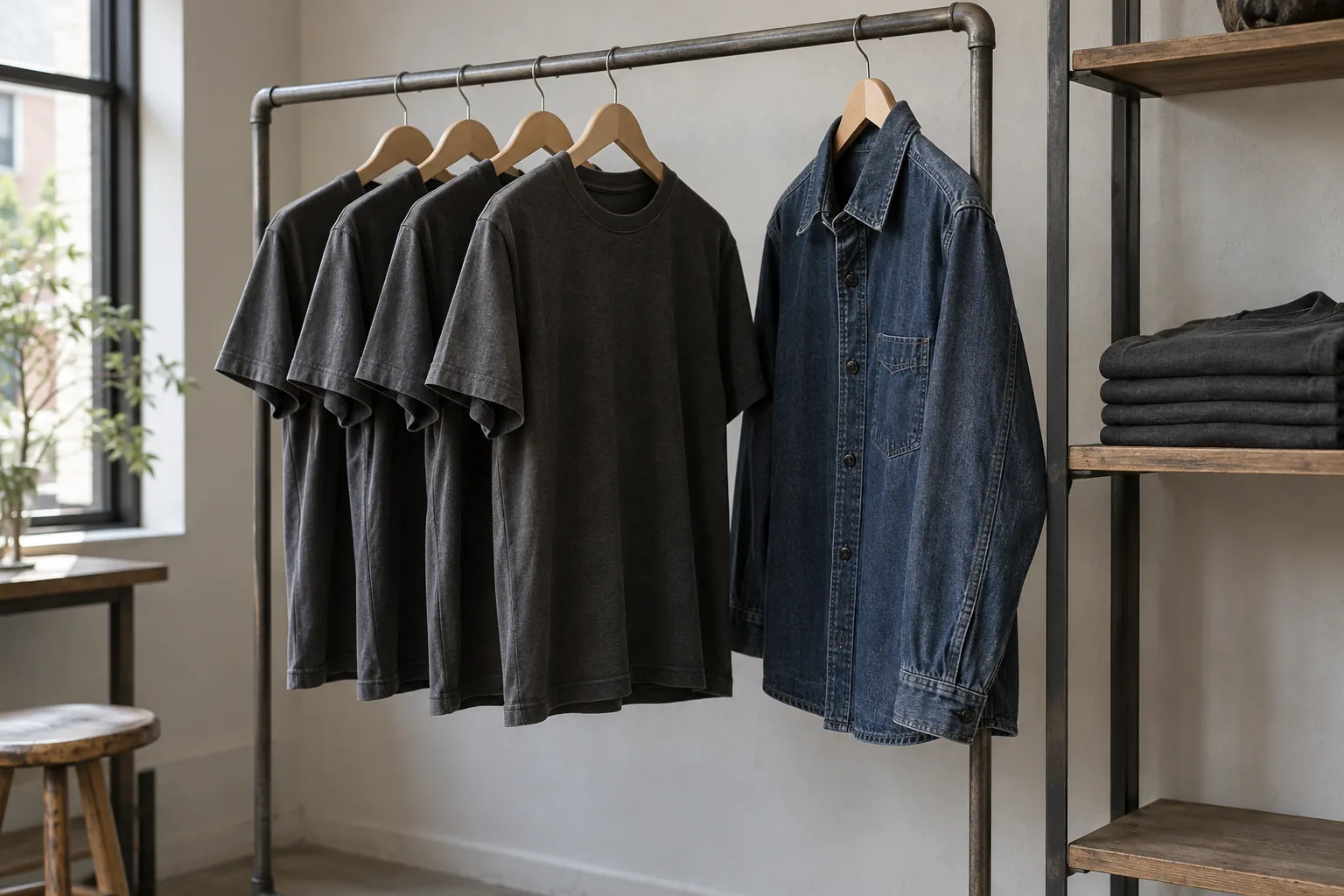 Plain finished garments arranged for a startup collection review