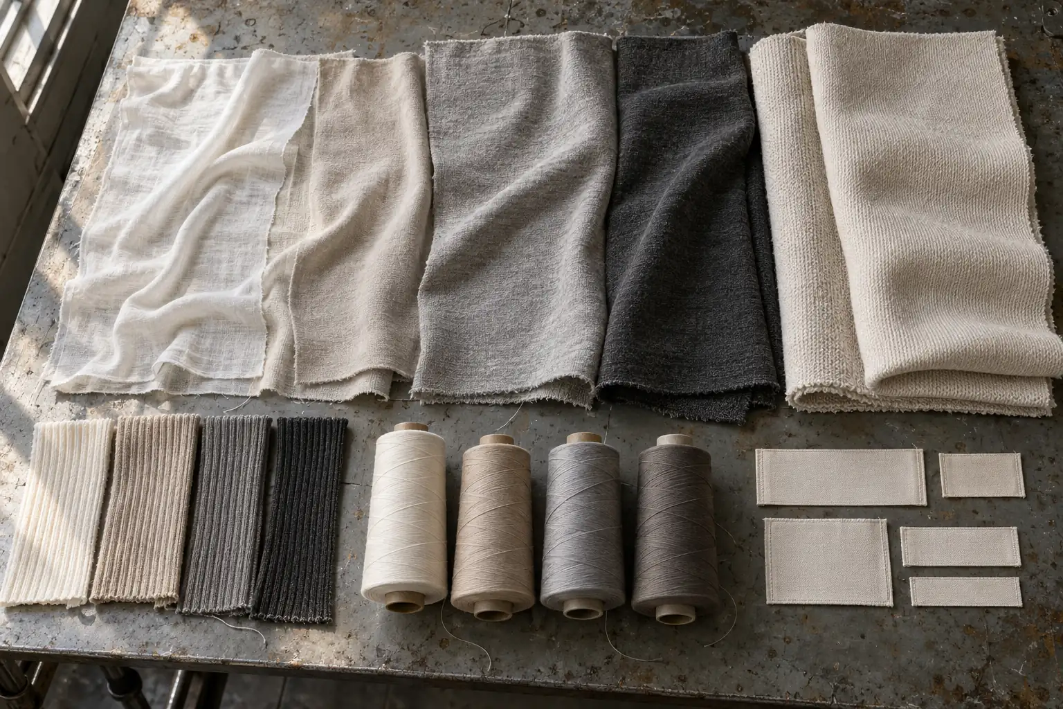 Fabric swatches and garment components laid out for cost review