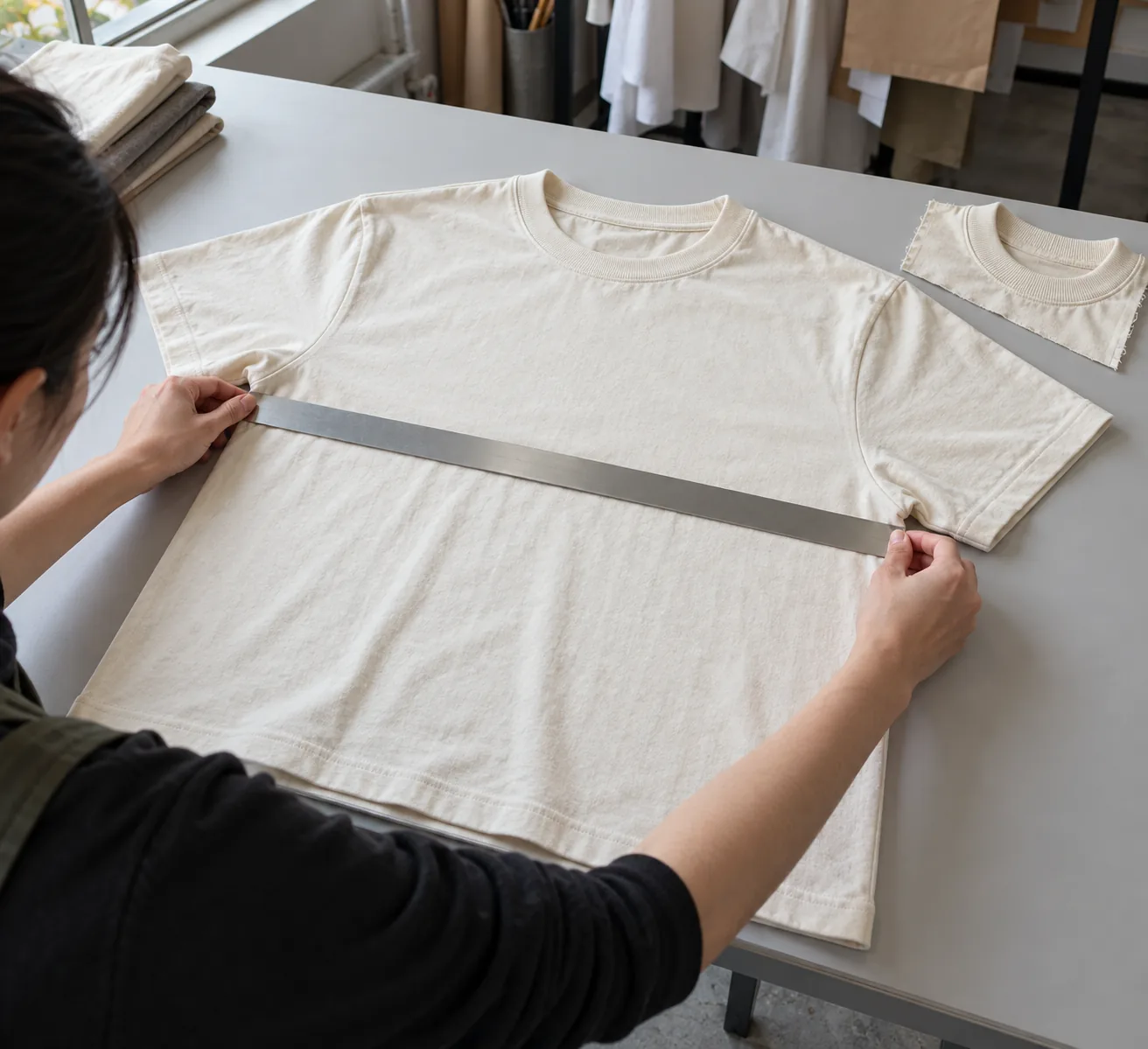 Sample tee inspected beside a ruler and construction references