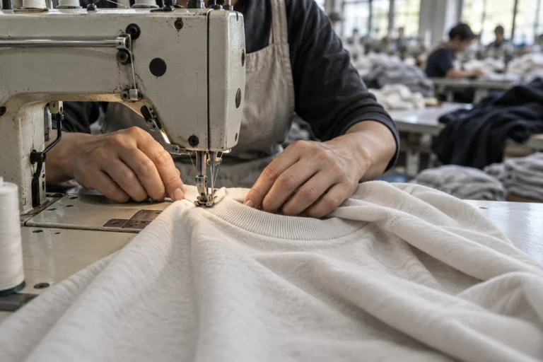 Photorealistic apparel factory documentary photograph of an operator sewing a plain heavyweight cotton tee at an industr