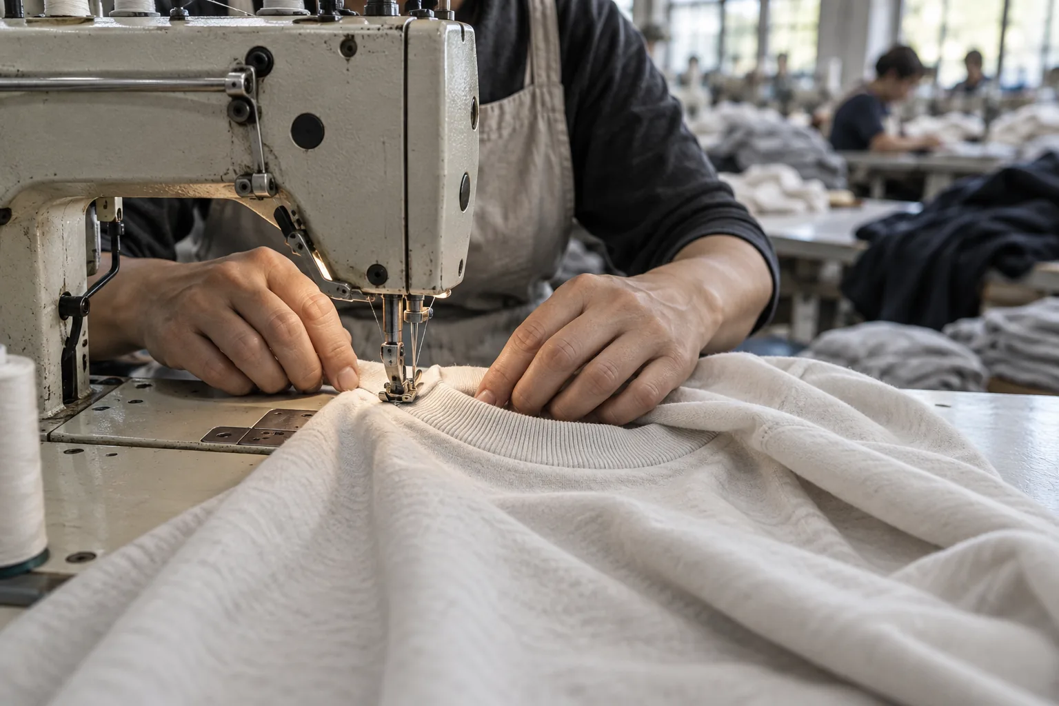 Photorealistic apparel factory documentary photograph of an operator sewing a plain heavyweight cotton tee at an industr