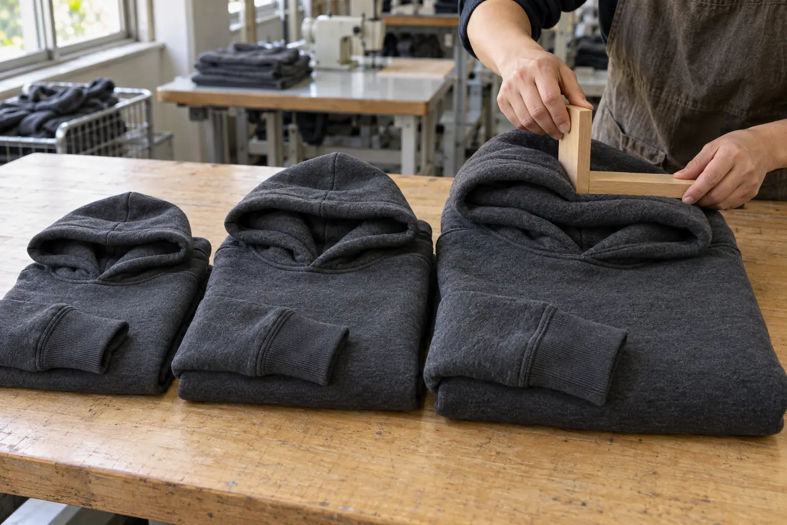 Finished hoodie samples compared on a folding table before packaging dimensions are selected