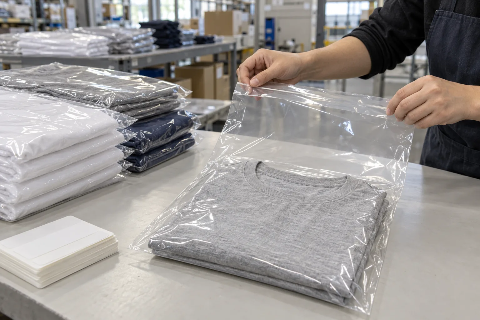 Plain protective garment bags and blank removable identification labels beside folded tees