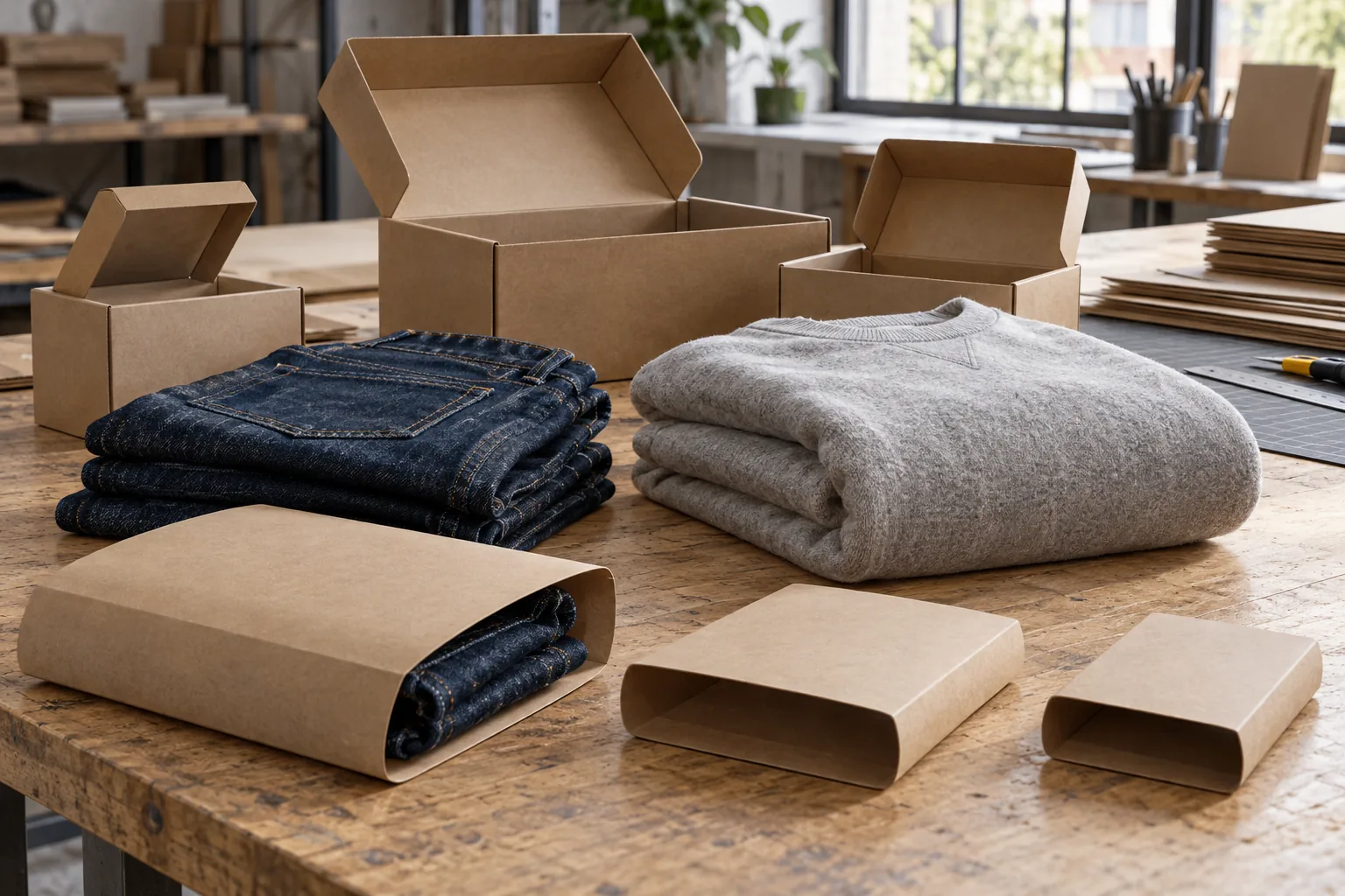 Unbranded box and paper sleeve prototypes compared with folded denim and sweatshirts
