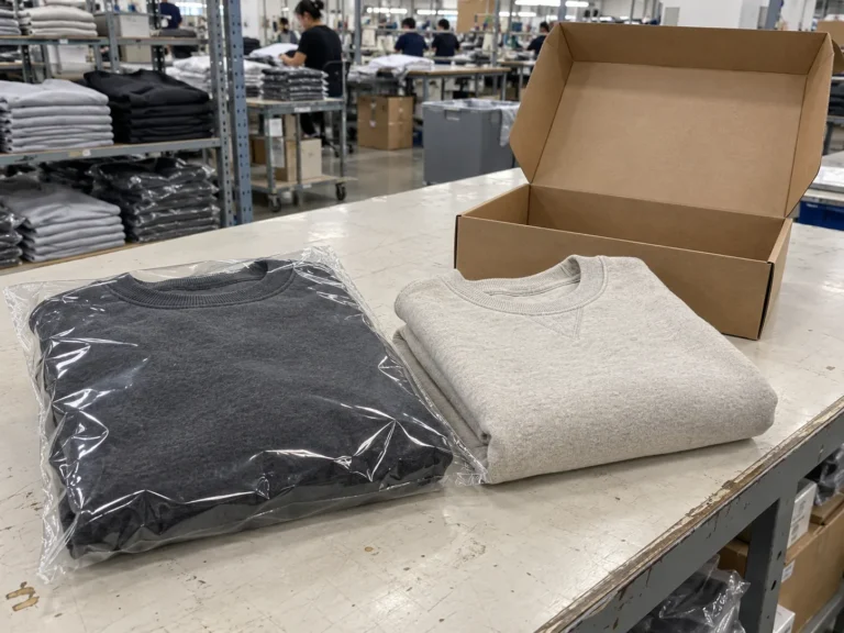 Photorealistic apparel factory documentary photograph of finished plain heavyweight sweatshirts on a packing bench, one