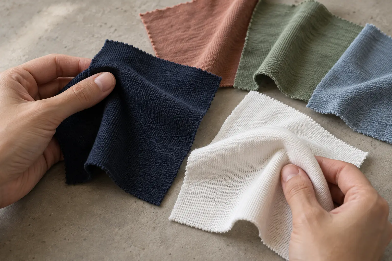 Two selected cotton jersey swatches beside a larger group of optional colors