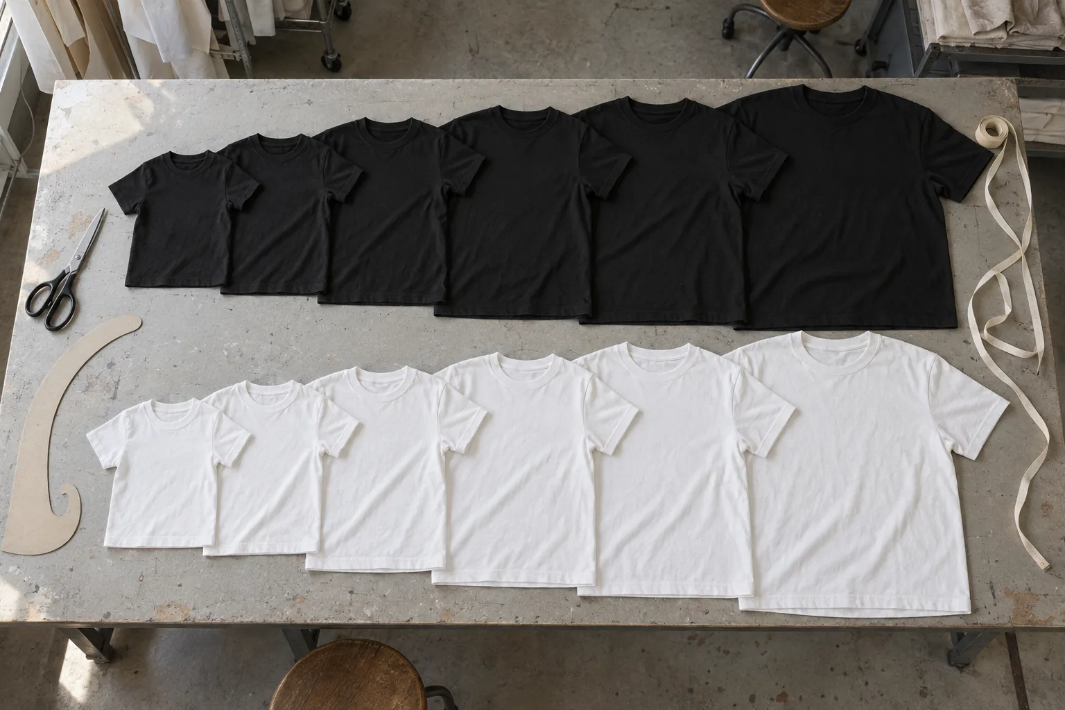 Sampling table with plain T-shirts in two colors arranged in graduated sizes