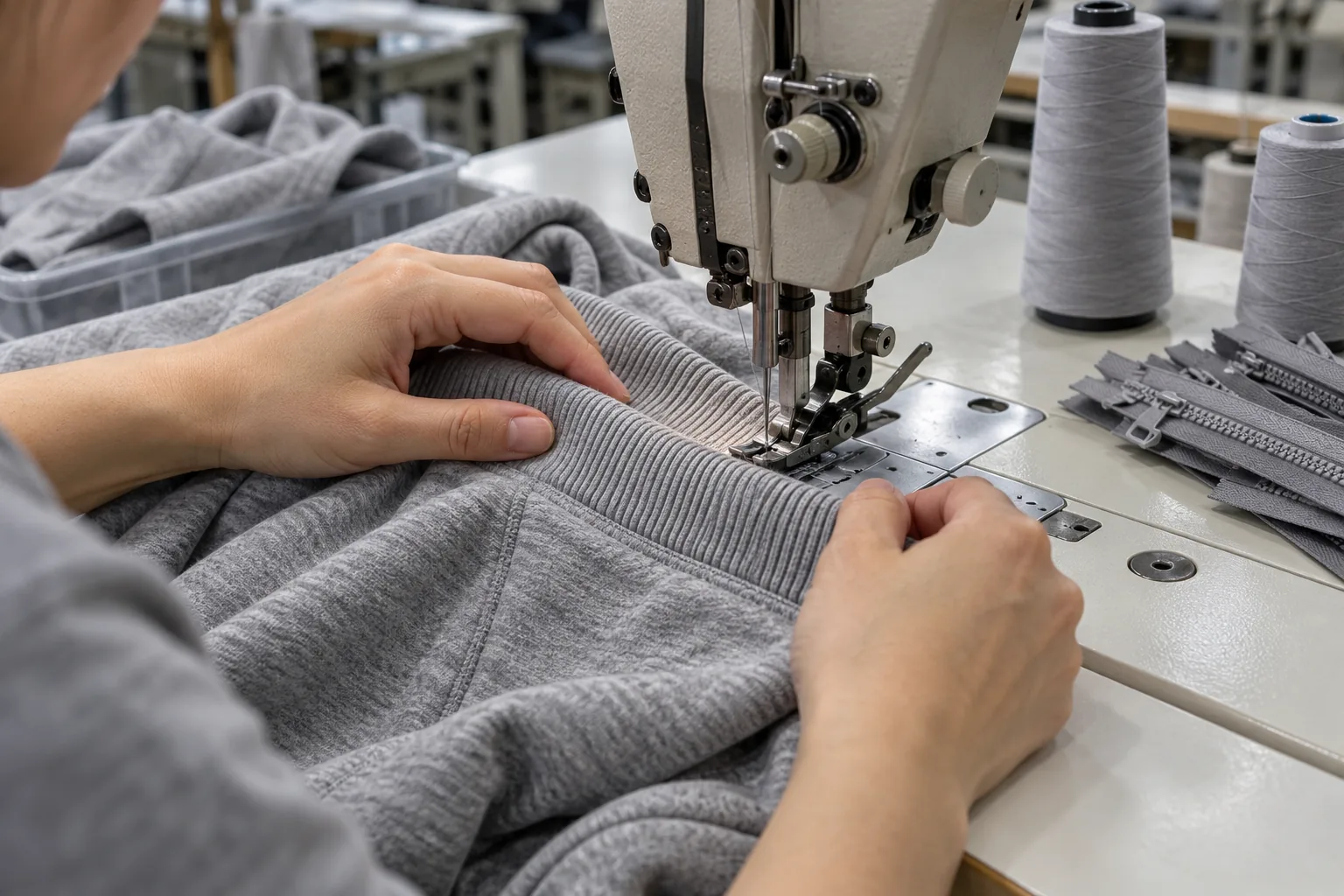 Sewing operator joining gray ribbing to a hoodie panel beside matching thread and zipper tape