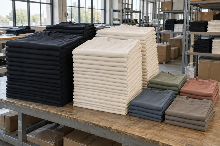 Photorealistic apparel production documentary photograph of finished unbranded heavyweight T-shirts on a packing table,