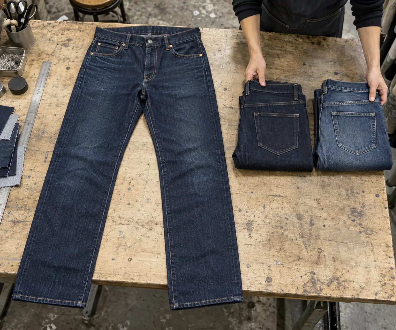 Pre-production jeans and wash reference garments arranged on a sampling table