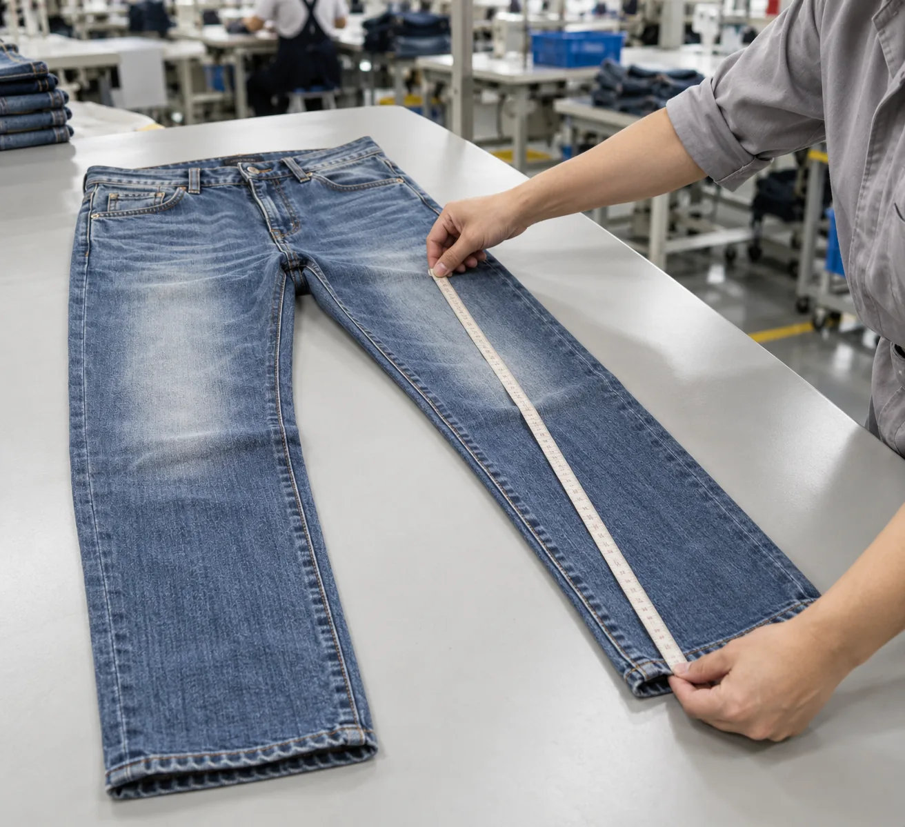 Technician measuring the leg and waistband of washed jeans on a flat inspection table