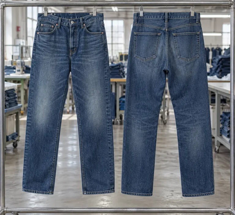 Photorealistic documentary photograph of finished washed indigo jeans hanging front and back on a plain garment inspecti