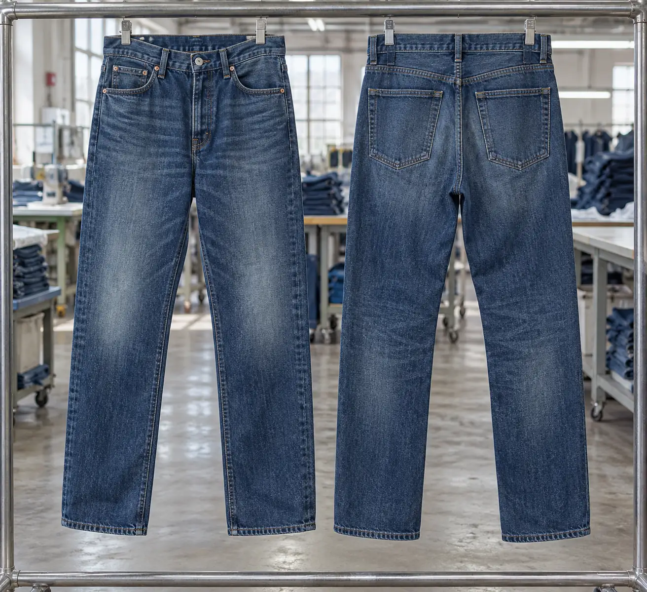 Photorealistic documentary photograph of finished washed indigo jeans hanging front and back on a plain garment inspecti