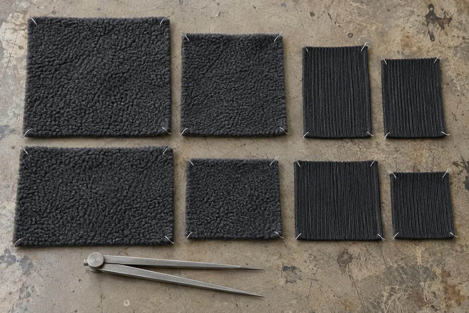 Body fleece and rib swatches arranged for dimensional comparison on a sampling table